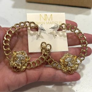 NWT Beautiful Gold Earrings by Neiman Marcus, Hoops w/ Lion, clear rhinestones